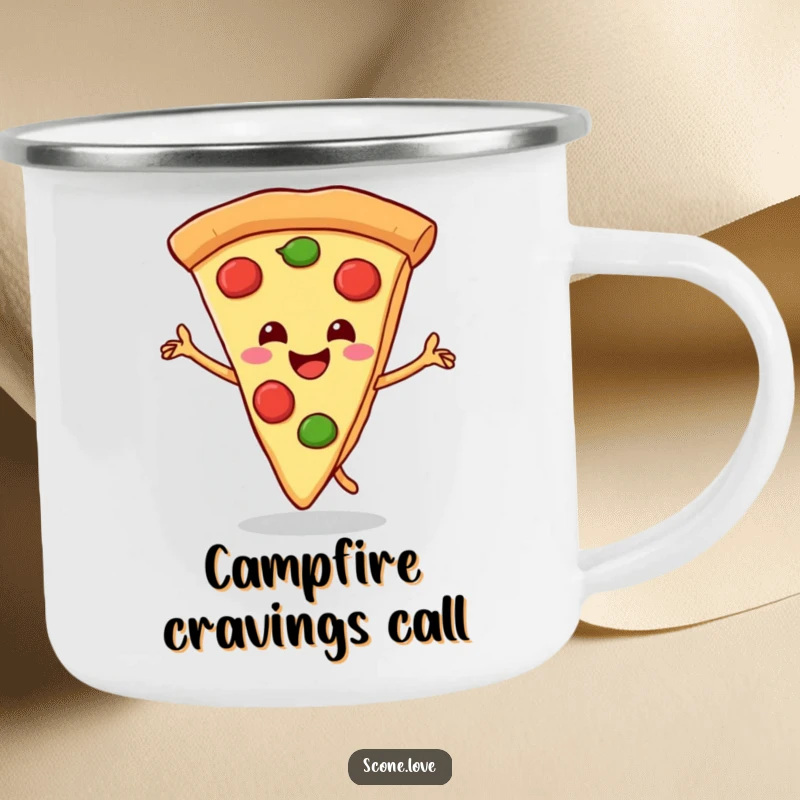 Funny camping mug with a smiling pizza slice doing a happy dance with its crust, durable for exploring and full of humor.