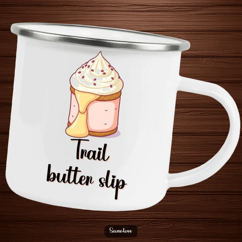 Funny camping mug depicting a scone sliding down butter, ideal for humorous outdoor adventures and coffee breaks.