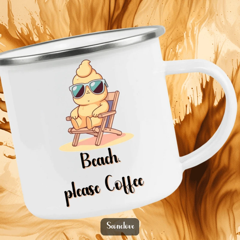 Funny scone wearing sunglasses and lounging on a beach chair, a durable and humorous camping mug.