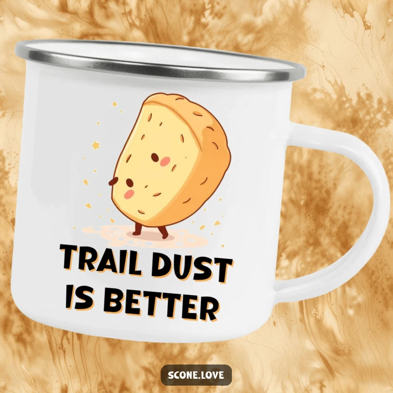 Funny Scone Cartwheel Camping Mug shows a scone doing a cartwheel, kicking up flour dust, ready for outdoor fun.