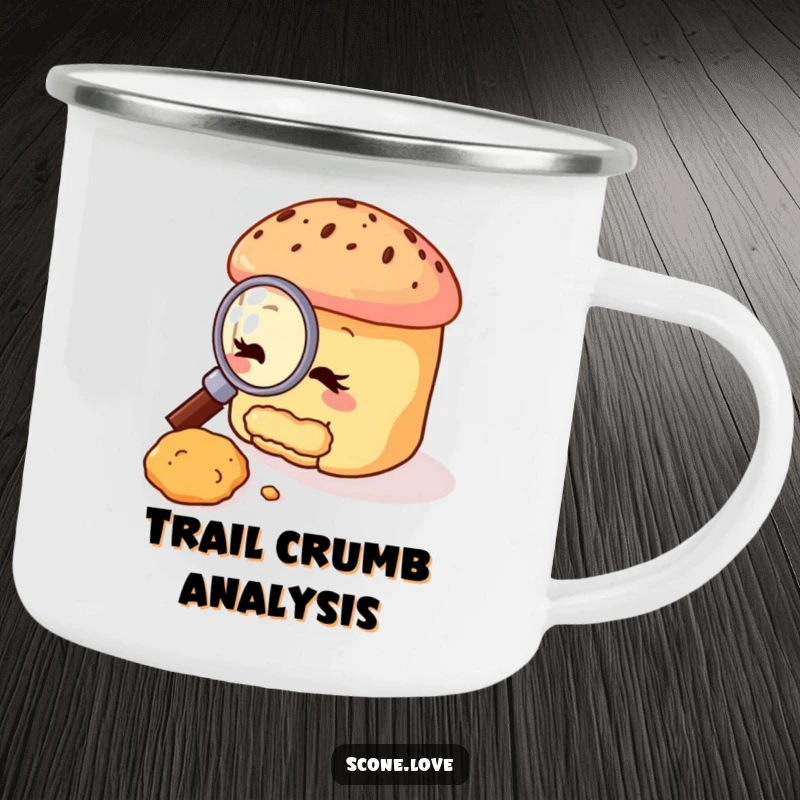 Funny scone camping mug showing a scone with a magnifying glass, studying a crumb, perfect for outdoor enthusiasts who love baked goods and humor.