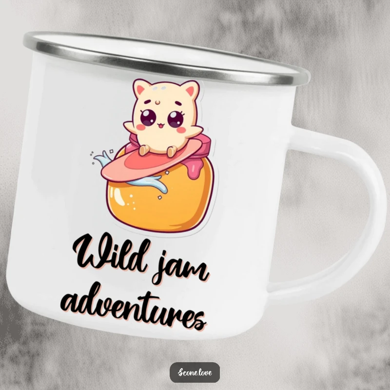 Funny scone character surfing a giant jam jar with wide eyes on this durable and hilarious camping mug.