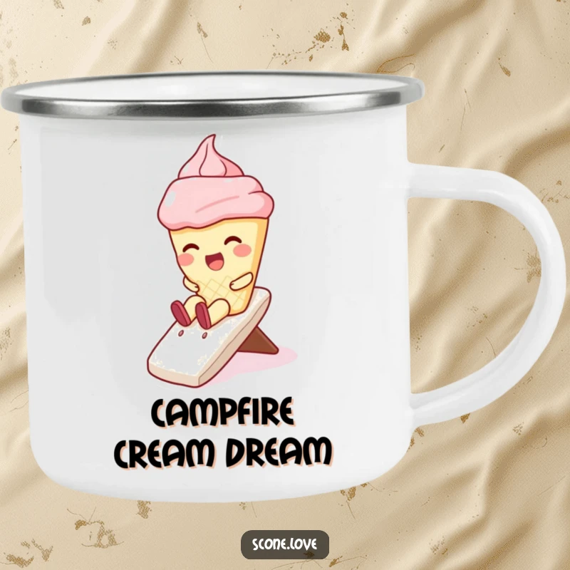 Funny camping mug featuring a giggling kawaii scone sliding down whipped cream, ideal for hot drinks during outdoor escapades, a fun gift.