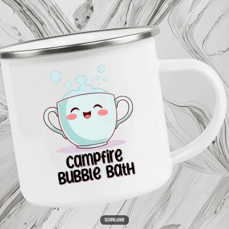 Funny teacup bubble camping mug showing a smiling teacup pouring out bubbles, durable and perfect for outdoor use.