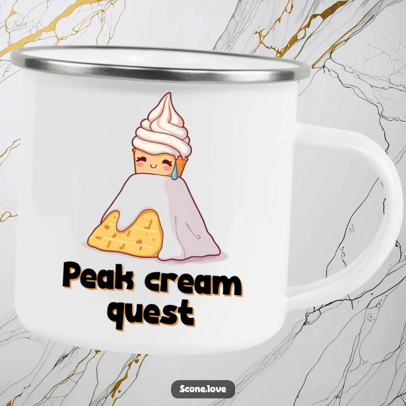 Funny camping mug showing a scone struggling up a whipped cream mountain, ideal for humorous outdoor challenges.