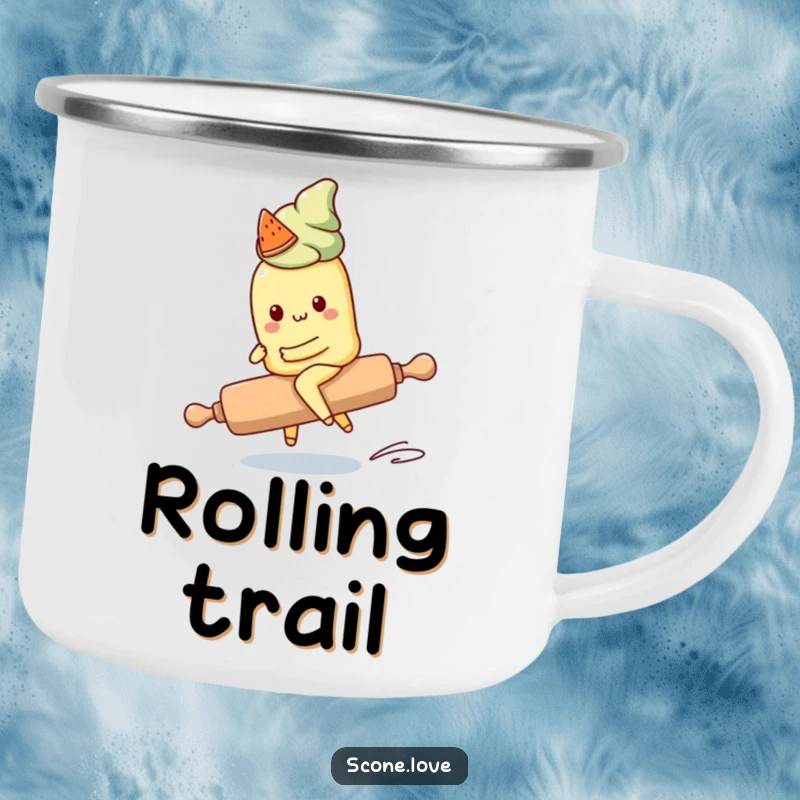 Funny Kawaii Scone Camping Mug: A cute scone character attempts to ride a runaway rolling pin, adding humorous charm to outdoor drinks.