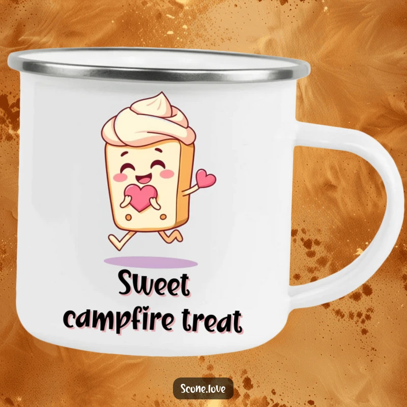 Funny Scone Love Camping Mug: A camping mug with a happy scone holding a heart, perfect for outdoor sweetness.
