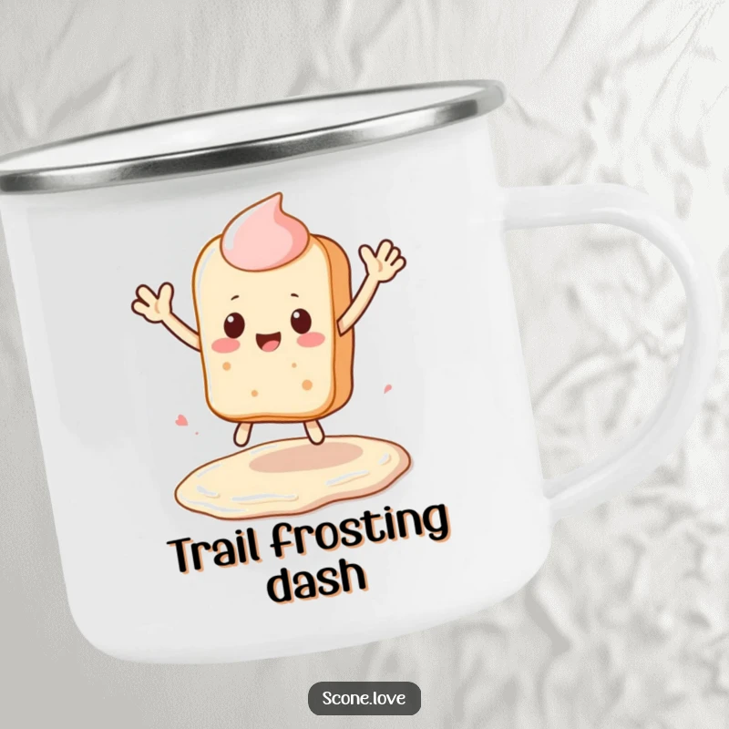 Funny Kawaii Scone Camping Mug: a scone leaps over a frosting puddle, waving, perfect funny outdoor gift.