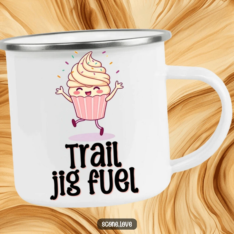 Funny camping mug showcasing a happy cupcake performing a jig, with adventurous sprinkles flying around, ready for the outdoors.