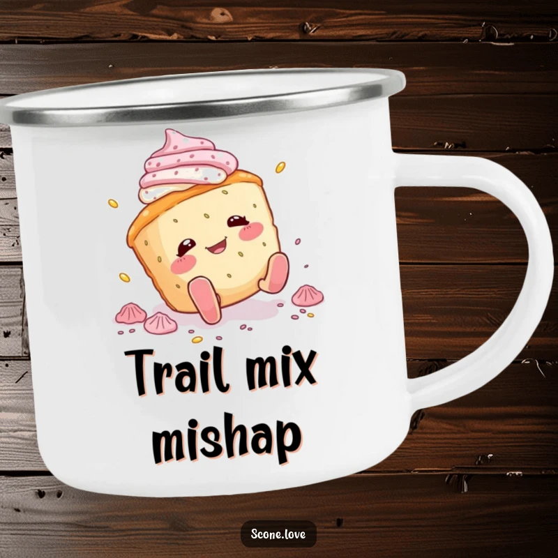 Funny scone camping mug showing a scone character tripping and scattering icing, ideal for outdoor enthusiasts who enjoy humor with their coffee.