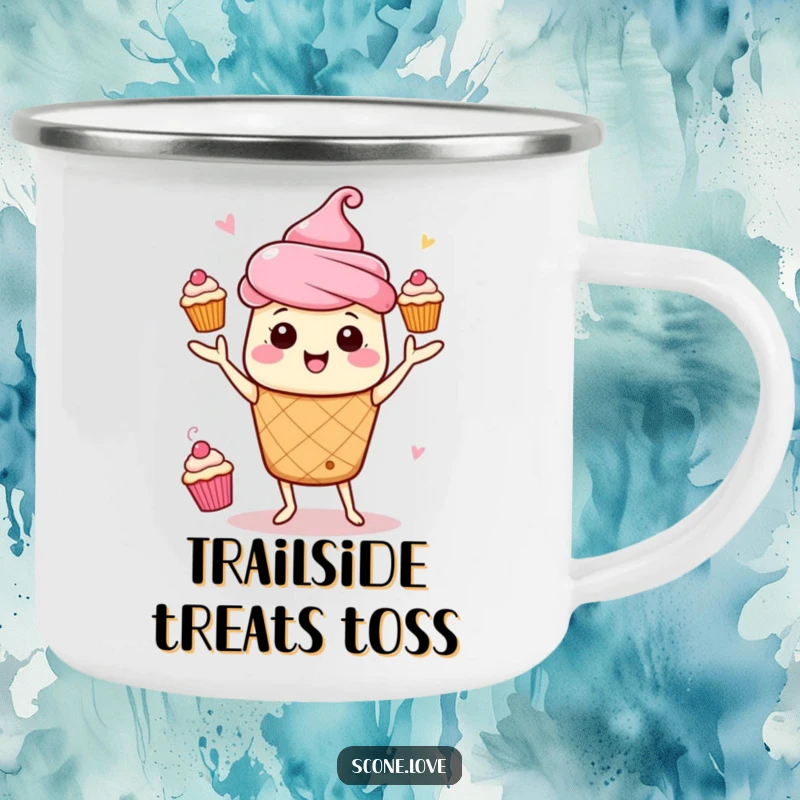 Funny Kawaii Scone Juggling Camping Mug: An energetic scone juggles mini cupcakes, perfect for outdoor fun.