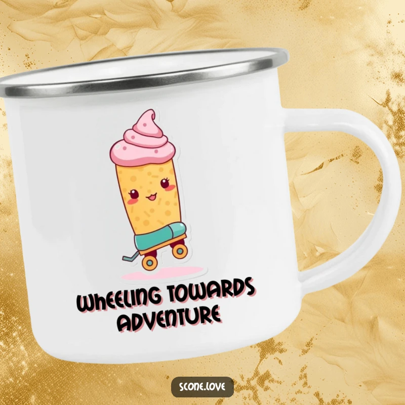 Funny Roller Skate Scone Camping Mug shows a scone with one roller skate, ready for a trick, ready for outdoor fun.