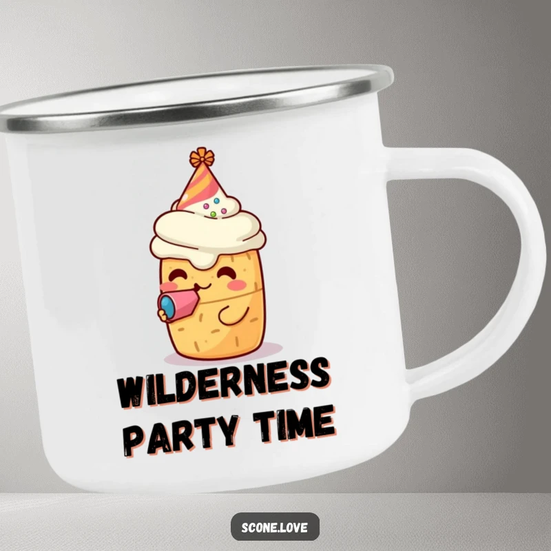 Funny camping mug featuring a kawaii scone character in a party hat blowing a noisemaker, ideal for hot drinks during outdoor parties, a cheerful gift.