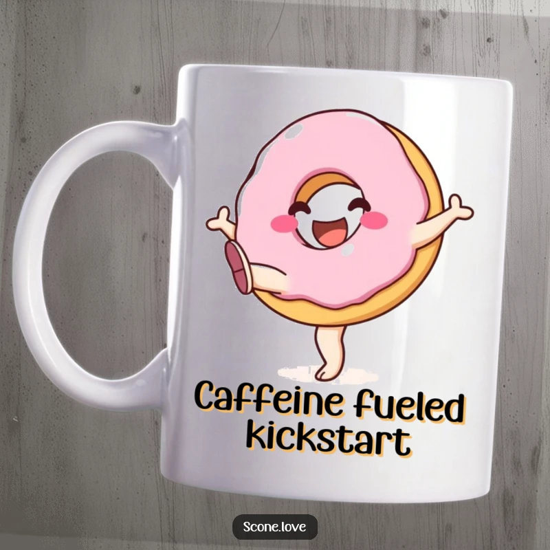 Funny mug with a happy, smiling donut joyfully kicking its legs high in the air, expressing pure elation and fun.