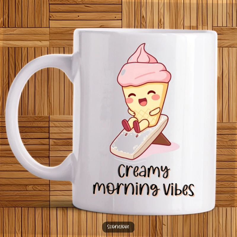 Funny mug with a kawaii scone character giggling gleefully while sliding down a fluffy whipped cream slide, a sweet and humorous treat.