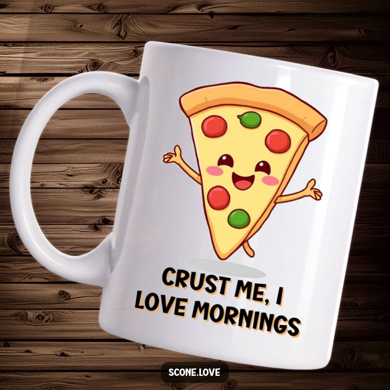 Funny mug showcasing a smiling pizza slice doing a happy victory dance with its crust, celebrating cheesy goodness.