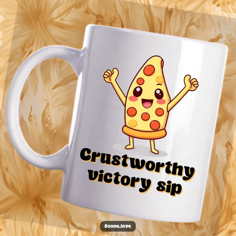 Funny pizza mug featuring a cheesy slice in a triumphant pose, celebrating deliciousness and great taste.