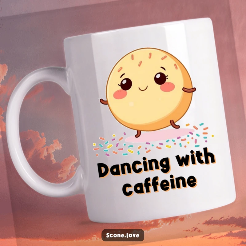 Funny Donut Mug, showing a smiling baked good with tiny legs happily dancing on a sprinkle-covered surface, full of sweet energy.