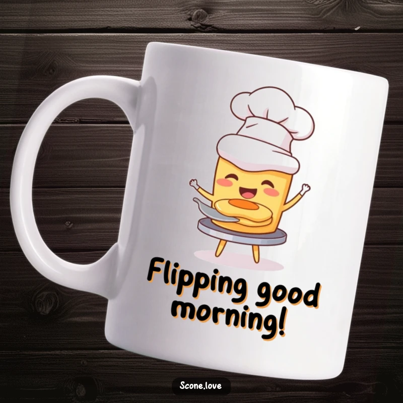 Funny mug with a scone wearing a chef hat, joyfully flipping a tiny pancake mid-air, showcasing culinary enthusiasm.