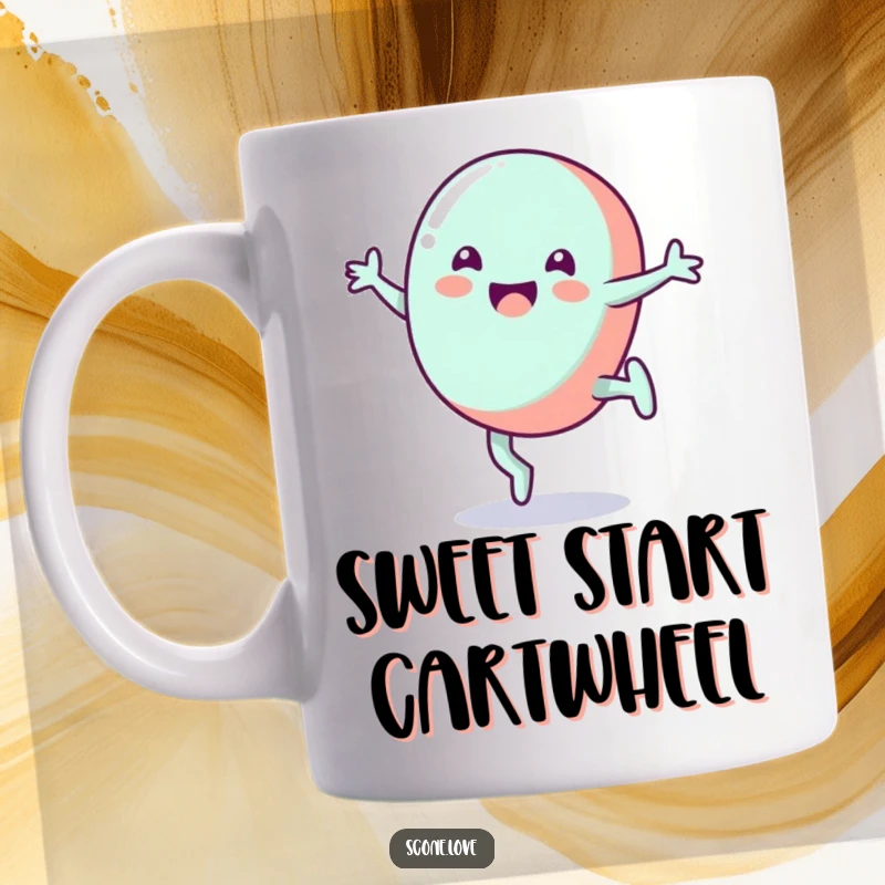 Funny candy mug featuring a grinning candy doing a cartwheel, celebrating sweetness and playful energy.