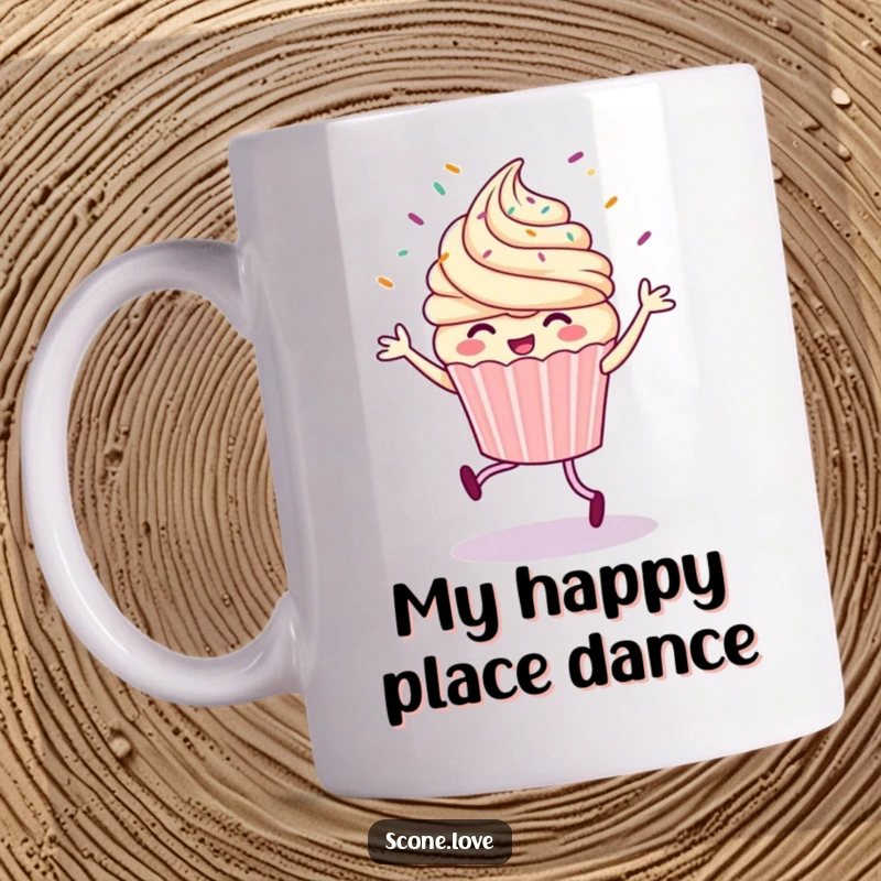 Funny mug with a cheerful cupcake doing a jig, sprinkles joyfully flying in the air, expressing pure, unadulterated happiness.