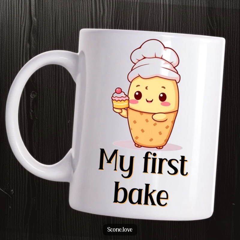 Funny Kawaii Scone Chef Mug: A cute scone wearing a chef hat proudly holds a tiny cake, a baker's dream.