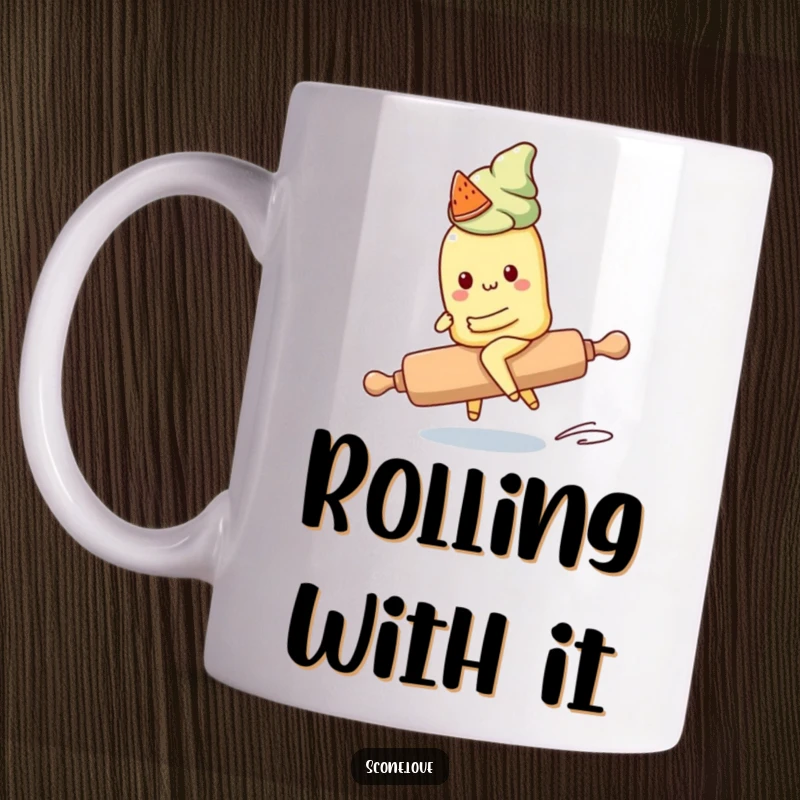 Funny Kawaii Scone Mug: A cute scone character tries to ride a runaway rolling pin, depicting hilarious kitchen mishap humor.