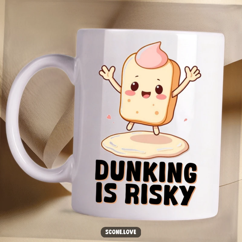 Funny Kawaii Scone Mug: a scone character waves goodbye while leaping over a frosting puddle, hilarious baker gift.