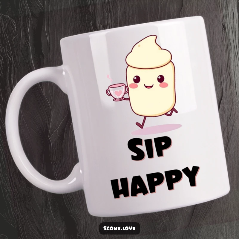 Funny Kawaii Scone Mug: a cheerful scone character skips with joy, holding a teacup, perfect funny tea gift.