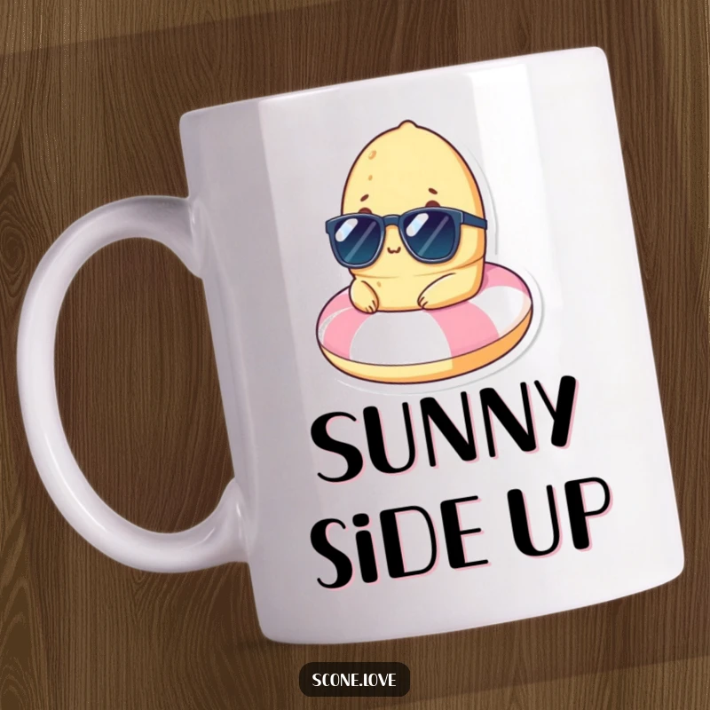 Funny scone wearing sunglasses relaxes on a small beach float, embodying ultimate chill and vacation vibes.