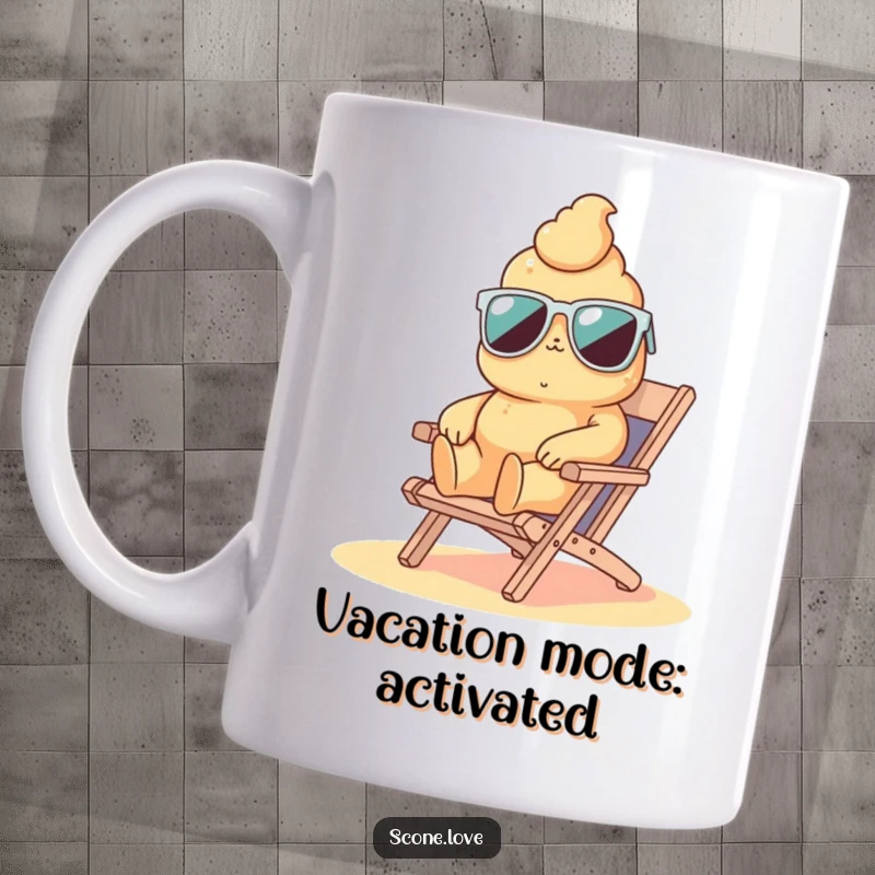 Funny scone wearing sunglasses relaxing on a miniature beach chair, conveying ultimate vacation vibes on a mug.