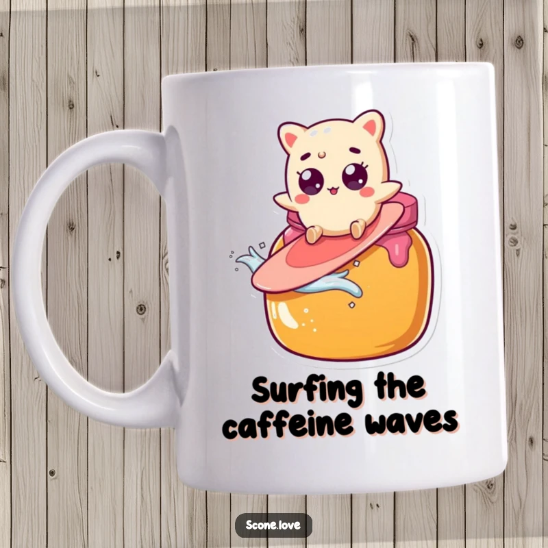 Funny scone character with wide eyes accidentally surfs a giant jam jar, a hilarious scene on this mug.