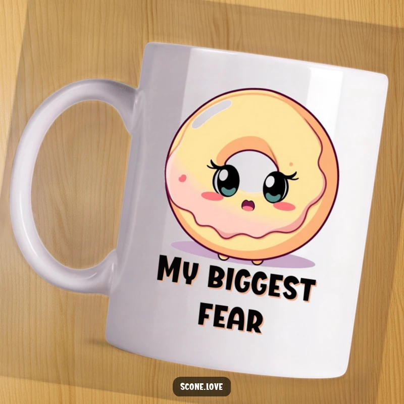 Funny scone character with wide, shocked eyes gazes in awe at an oversized, tempting donut.