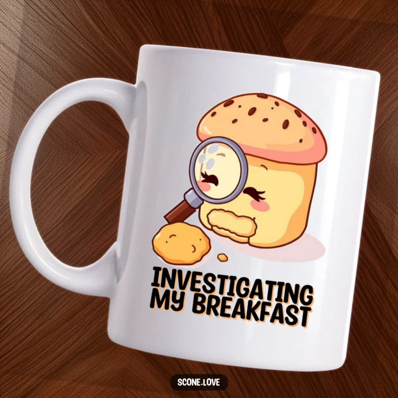 Funny scone mug featuring a scone holding a magnifying glass, intently studying a tiny crumb, embodying curiosity and a love for baked goods.