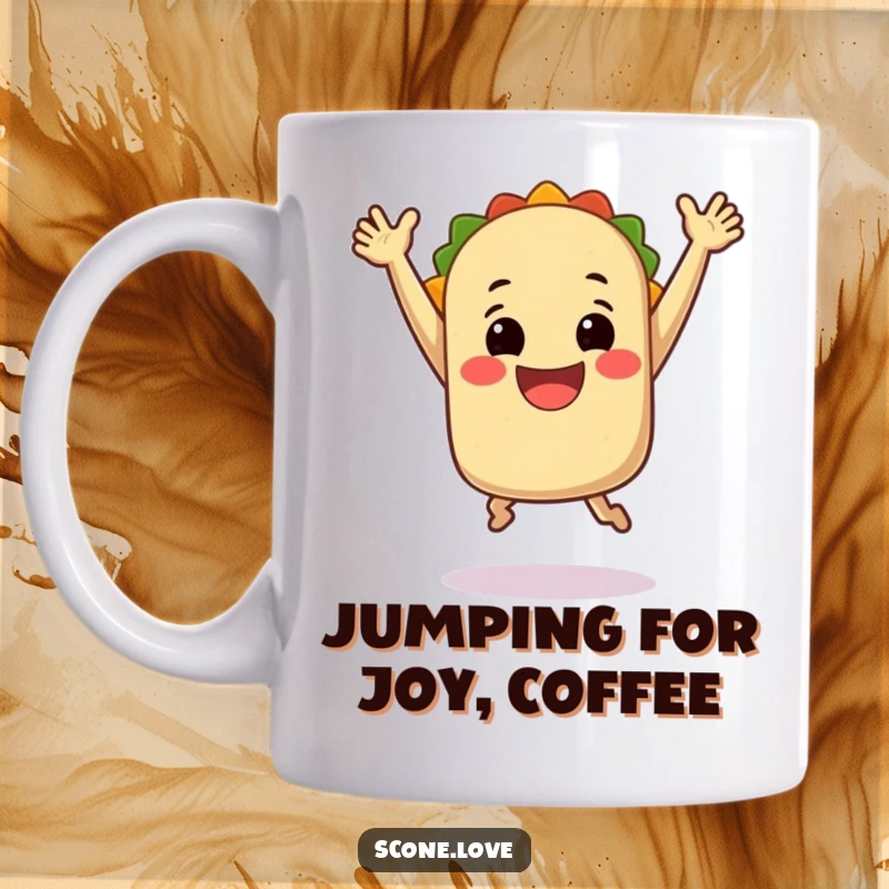 Funny Mug: A smiling taco with its arms raised in a joyful leap, symbolizing happiness and delicious Mexican cuisine.