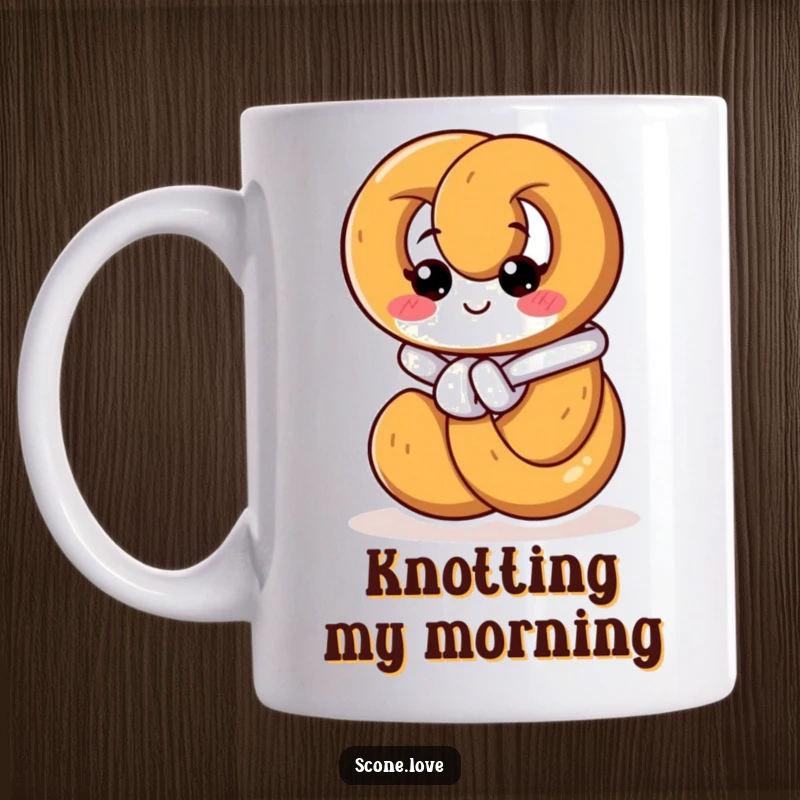 Funny mug showing a smiling pretzel skillfully tying its own knot with intense focus, symbolizing problem-solving and resilience.