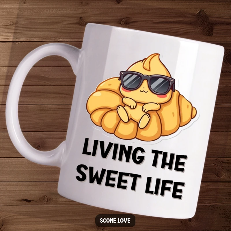Funny Scone Croissant Mug: A scone character wearing sunglasses lounges coolly on a giant croissant, radiating relaxation and humor.