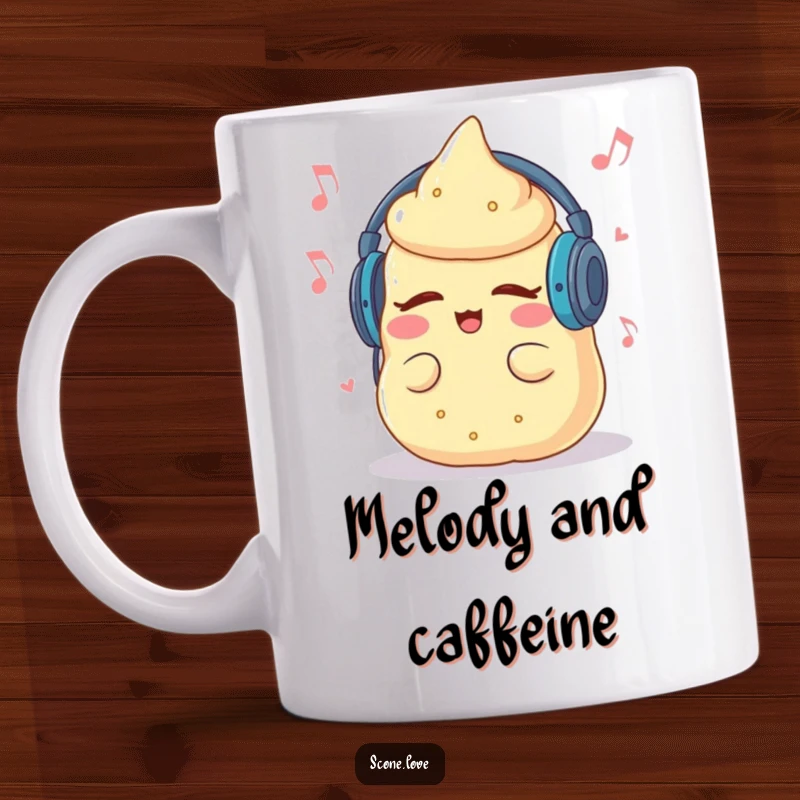 Funny mug featuring a scone wearing headphones, eyes closed, grooving to music with pure enjoyment.
