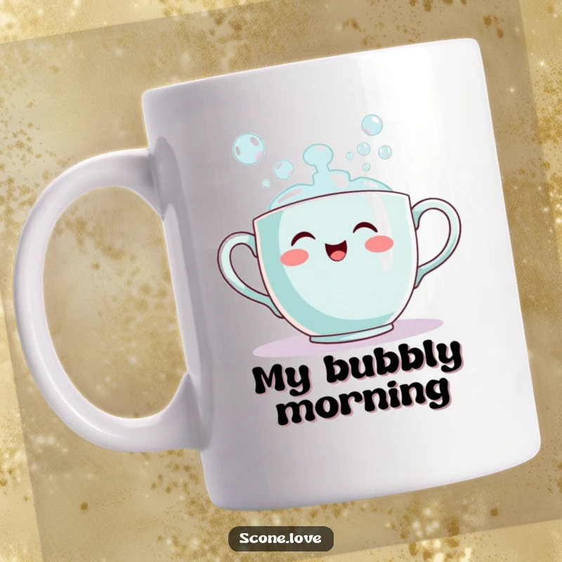 Funny teacup mug smiling and enthusiastically pouring out a cascade of bubbles, representing joy and lightheartedness.