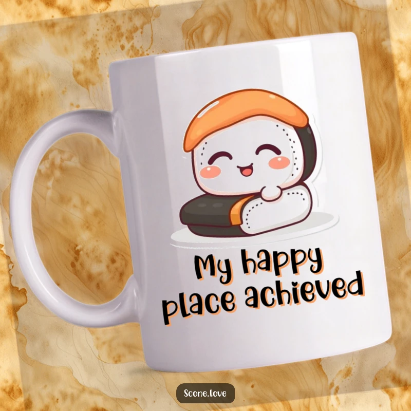 Funny sushi mug showing a happy, eyes-closed sushi roll in motion, perfect for foodies and gift-givers.