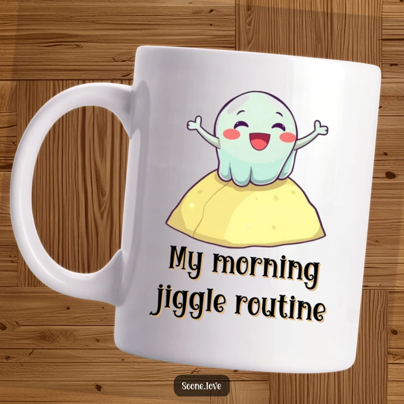 Funny mug featuring a delighted, wobbly jelly enthusiastically tumbling down a grassy hill, embodying pure, shaky fun.