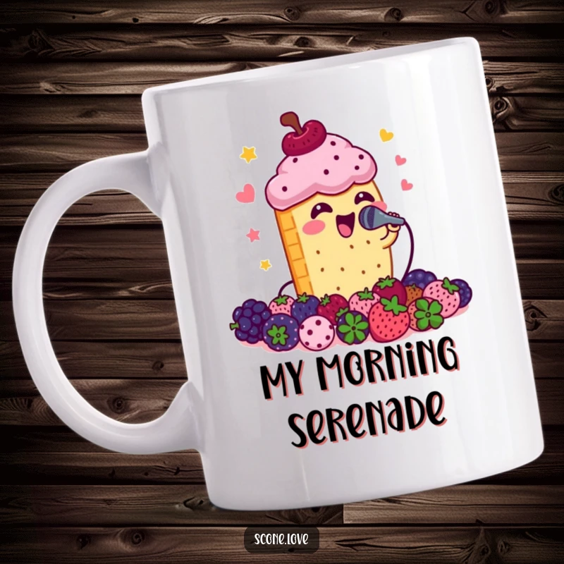 Funny scone holding a microphone and singing enthusiastically to a small crowd of berries, a humorous music gift.