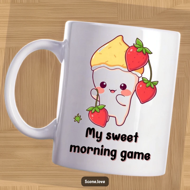Funny kawaii scone character joyfully batting at a dangling red strawberry illustration, perfect for a cute gift.