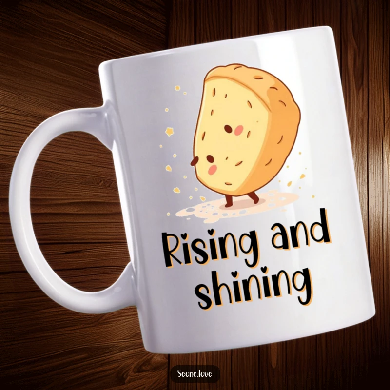 Funny Scone Cartwheel Mug shows a happy scone mid-cartwheel, kicking up flour dust, with a playful and energetic vibe.