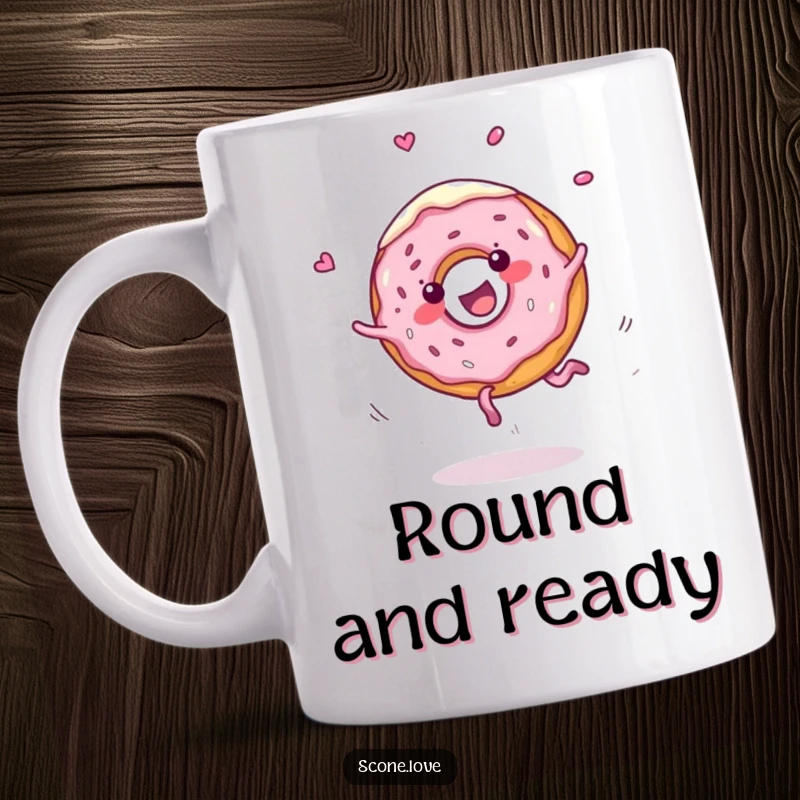 Funny mug shows a cheerful donut mid-cartwheel with frosting flying everywhere, radiating playful energy and sugary delight.