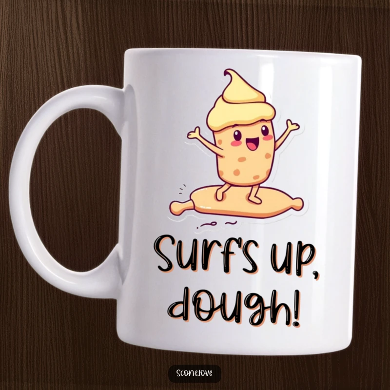 Funny Kawaii Scone Mug: a scone surfs excitedly on a rolling pin like a surfboard, perfect funny gift.