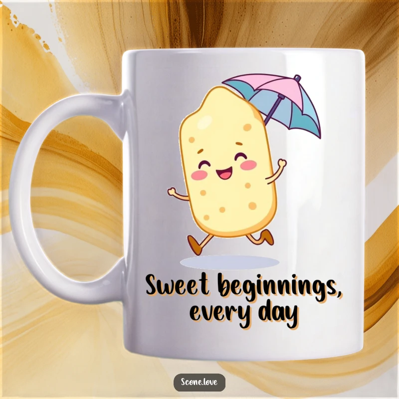 Funny smiling scone character joyfully skips along, holding a tiny umbrella, on this delightful mug.