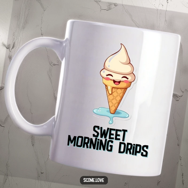 Funny mug depicting a tiny ice cream cone joyfully melting, radiating happiness and sweetness, a delightful treat for any day.