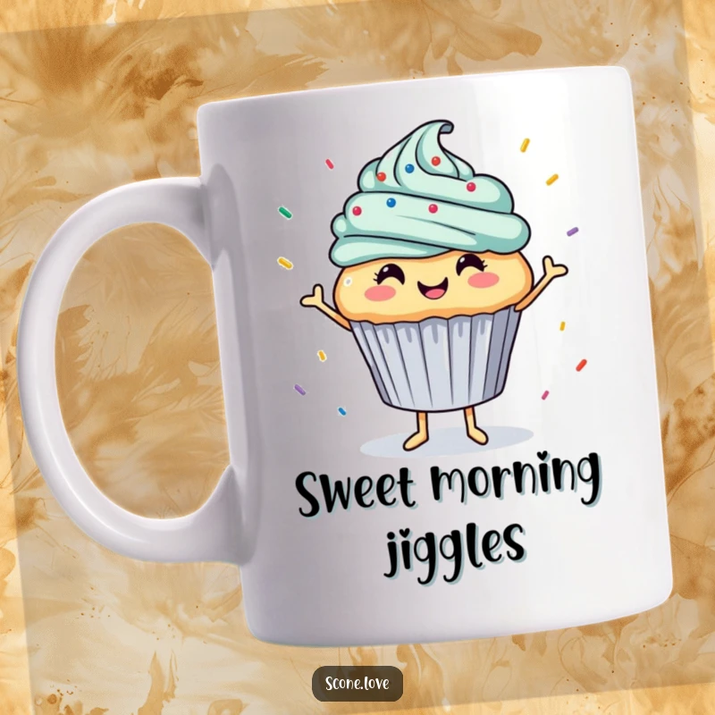 Funny mug depicts a smiling cupcake doing a happy dance as colorful sprinkles rain down, radiating cheerful, sweet energy.