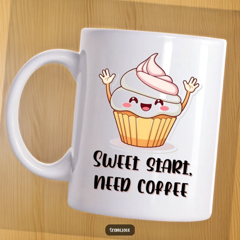 Funny Mug: A happy, smiling cupcake with tiny arms waving enthusiastically, radiating warmth and sugary cheer.